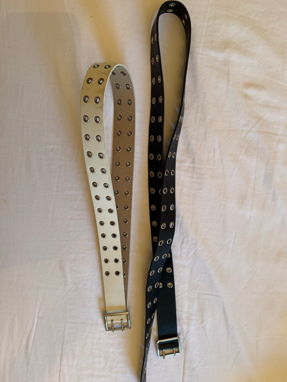 Double Row Grommet Leather Belt - White and Black